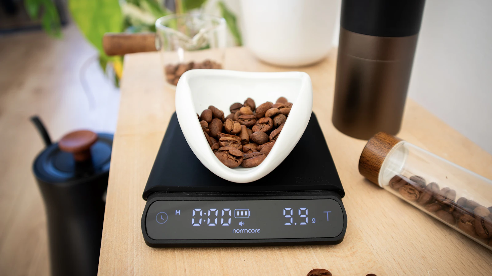 A digital kitchen scale weighing food.