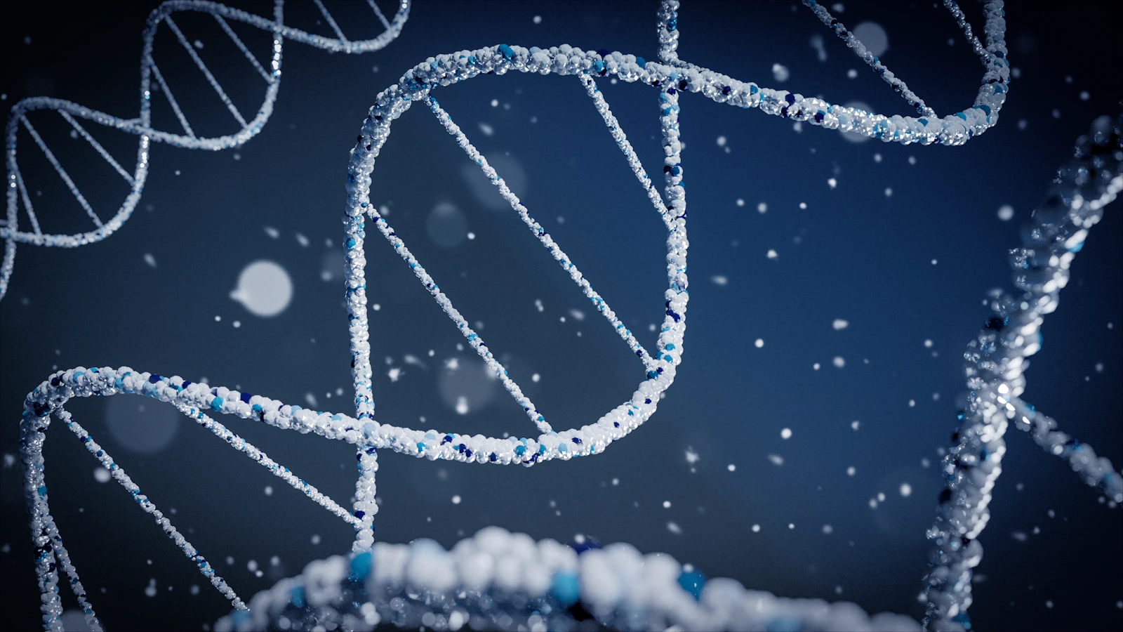 Render van een DNA-dubbele helix op een blauwe achtergrond.
