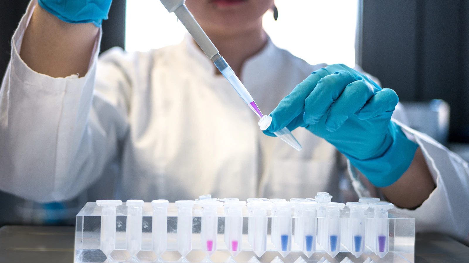 Laborant gebruikt een pipet bij buisjes in het lab.