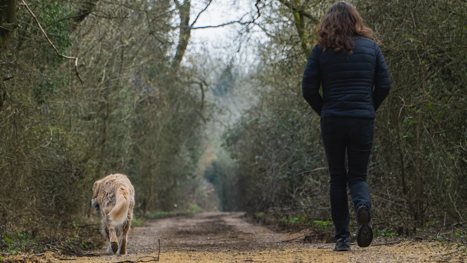 Vrouw wandelt met haar hond over een bospad op een grijze winterdag.