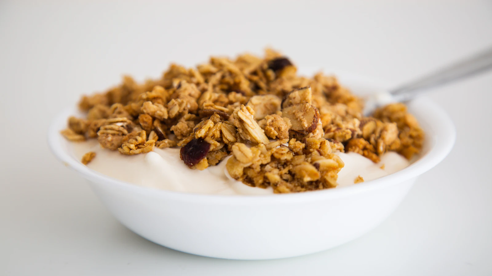 A bowl of Greek yogurt with granola as a protein-rich snack.
